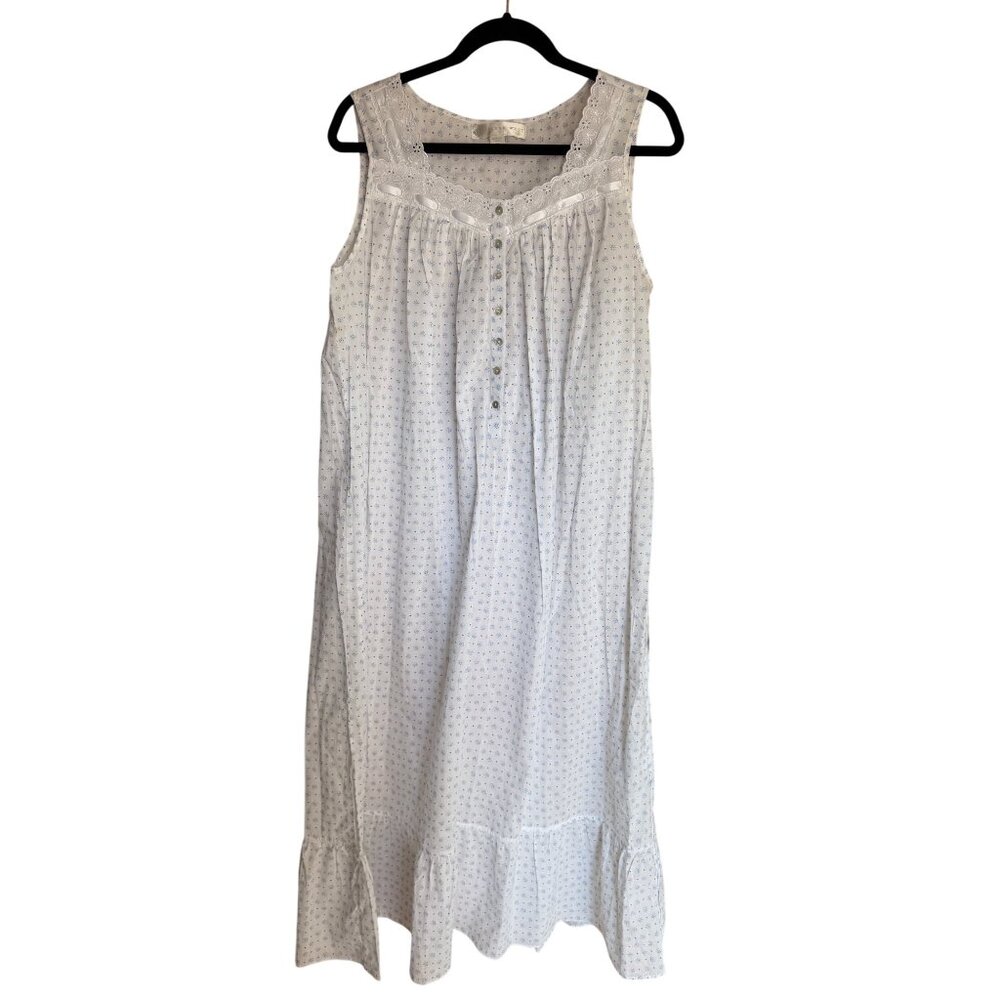 Eileen West Womens Nightgown Size M White Blue Floral Eyelet Trim Pullover New - Picture 4 of 15